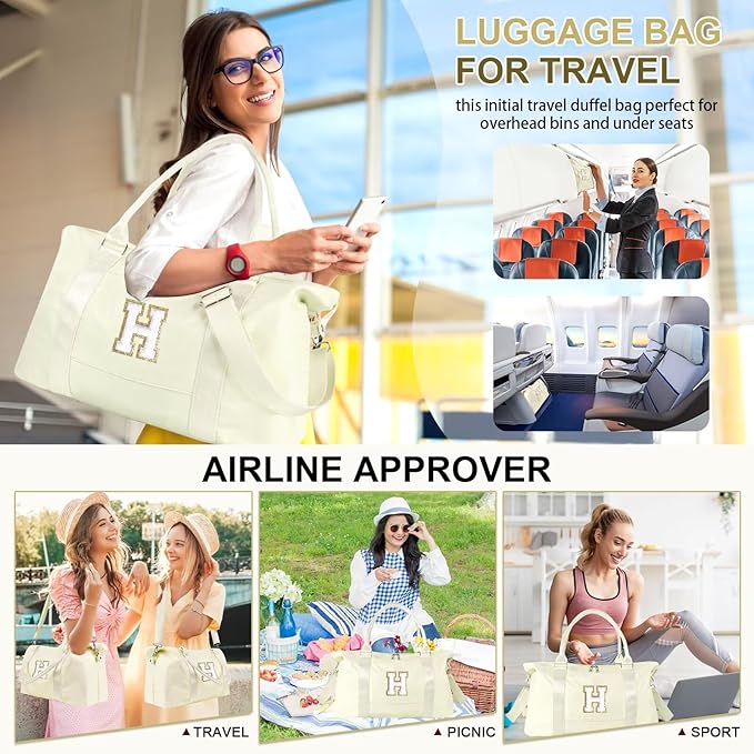 Dance Gym Duffel Bag for Teen Girls, Personalized Initial Travel Weekender Bag,Cute Overnight Carry On Duffle for Women,Sports Travel Cheer Bag,Monogram Christmas Gifts for Tween Preppy(beige-H)