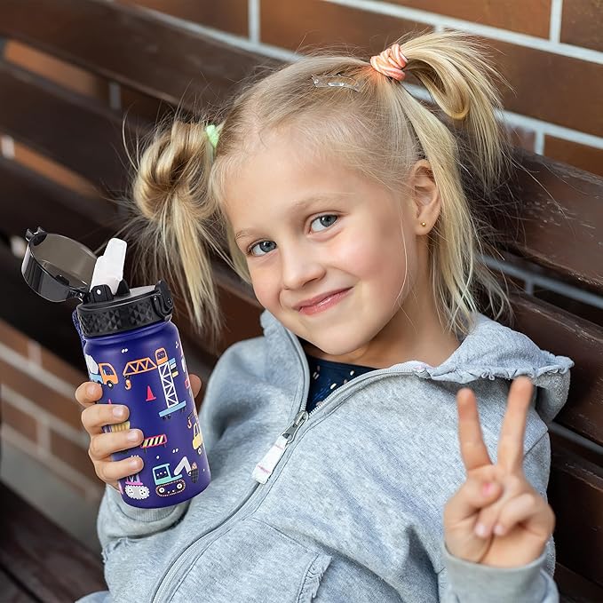 GOPPUS Kids Water Bottle (Straw Lid) - 14 Oz Stainless Steel Travel Bottle, Double Wall Vacuum Leak Proof Kids Cup for School Boys Girls,Blue engineering car