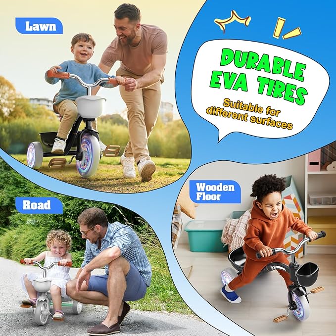 Toddler Tricycle for 1-3 3-4 Year Olds, Toddler Toys Baby Bike, Toys for Ages 2-4, 3-Level Adjustable Seat, 3 Colorful Lighting Wheels, 2 3 4 Year Old Boy Birthday Gifts
