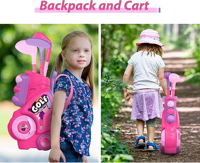 Liberry Toddler Golf Set with Putting Mat for 2 3 4 Years Old Boys Girls, Upgraded Kids Golf Cart with Unique Shoulder Strap Design, Indoor and Outdoor Golf Toys Gifts (Pink)
