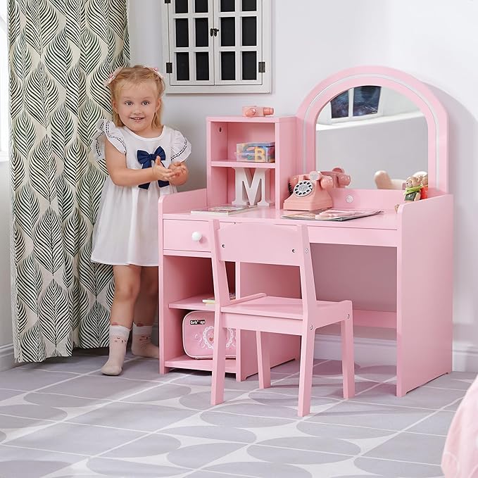 Kids Princess Vanity Set with Drawer, Storage Shelves & Lighted Mirror, 2 in 1 Toddler Makeup Vanity with Stool for Little Girls (Pink)