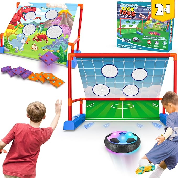 2-in-1 Moving Kick Toss Games for Kids Ages 4-12, Light Up Hover Soccer Ball with Animal Bean Bag Toss, Indoor Outdoor Birthday Toys for 4 5 6 7 8 9 10 11 12 Year Old Boys Girls