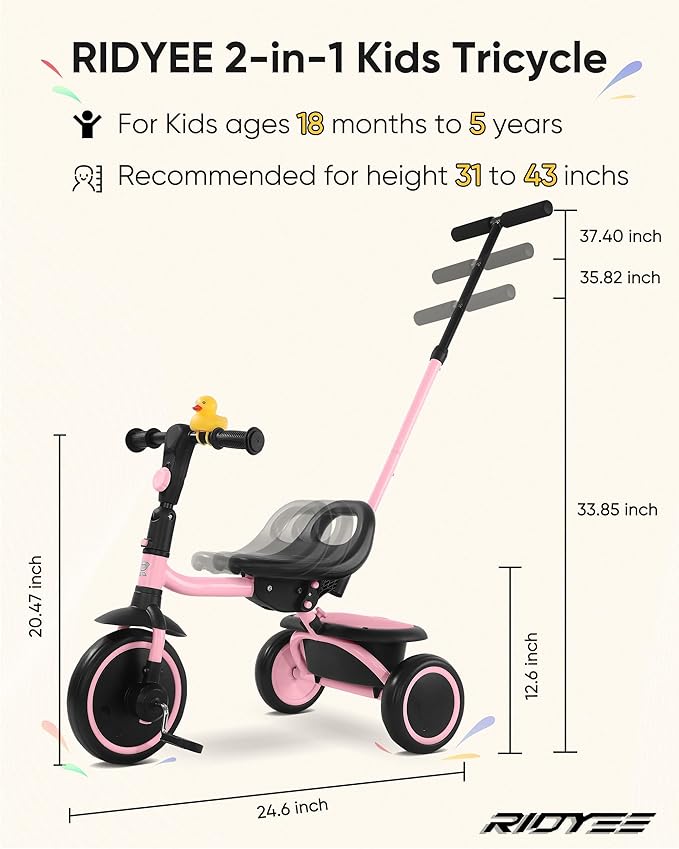 Tricycle for Toddlers 18 Months to 5 Years with Removable Push Handle, Tricycles for 3-5 Year Olds Ideal for On-The-Go Families, Adjustable Carry-Friendly Seat, Pink