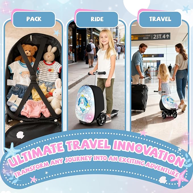Scooter Suitcase for Kids, 2 in 1 Ride-on Luggage with Flash PU Wheels, Adjustable Handle & TPR Non-Slip Grip, Foldable & Lightweight, Ages 5-12