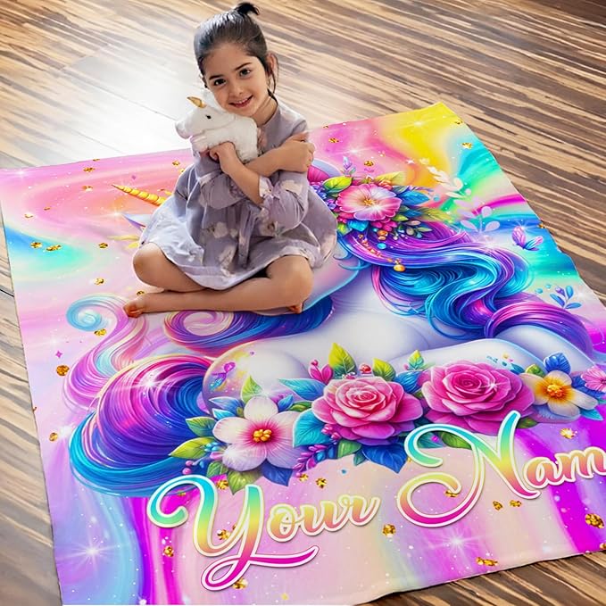 Personalized Blanket for Girls Kids Teens, 50"x40" Unicorn Throw Blanket Gifts for Girls Age 6-8, Custom Soft Flannel Snuggle Throws for Couch Sofa Bed Travel