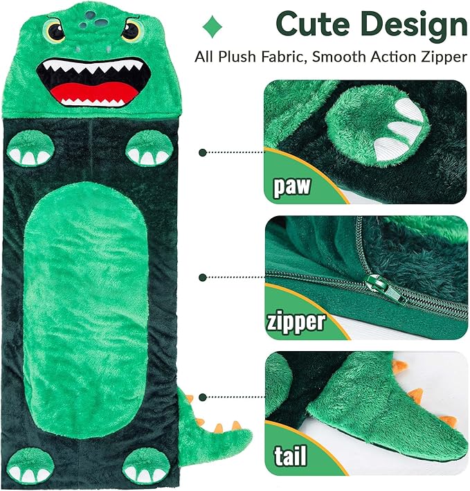 iPlay, iLearn Kids Dinosaur Sleeping Bag, Toddler Boy Dino Nap Mat, Plush Animal Slumber Bag 2 In 1 Pillow Daycare Preschool Kindergarten Birthday Gift Travel Sleepover 3 4 5 6 7 8 10 12 Yr Child Teen