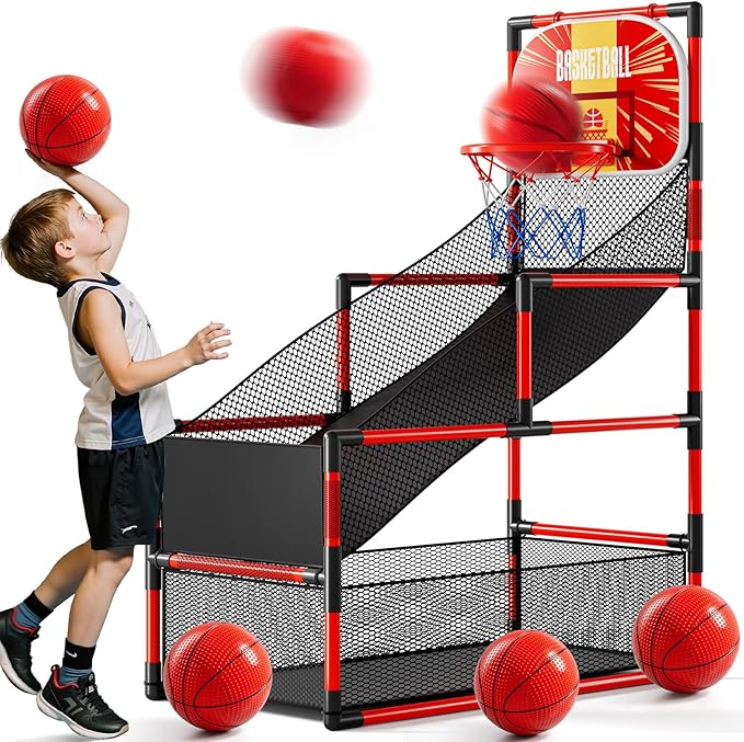 Arcade Basketball Game Indoor, Kids Ajustable Basketball Hoop, Outdoor Carnival Sports Play Toy with 4 Balls and Air Pump, Educational Birthday Gift for Boys Girls 3 4 5 6 7 8 Year Old (Red)