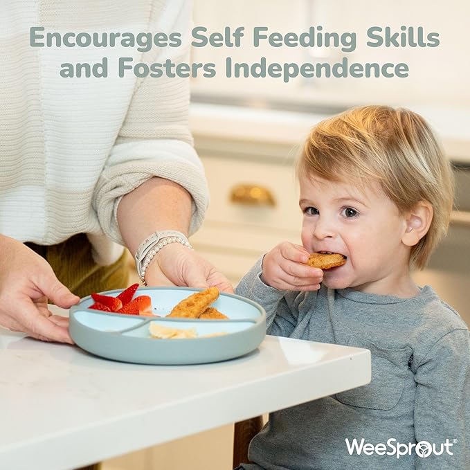WeeSprout Silicone Suction Plate - Two-Tone Baby Plate with Suction Cup - Sectioned Divided Dish for Kids, Infants, Toddlers - Food-Grade Silicone Dinnerware (Sky/Matte Green)