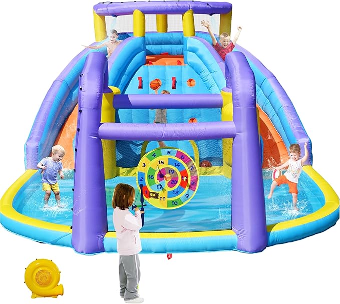 Inflatable Bounce House Water Slide Combo, Blow Up Water Slides for Backyard, Kids Jumper with Climbing Wall, Basketball Hoop, Splash Pool with Blower (Double Water Slide)