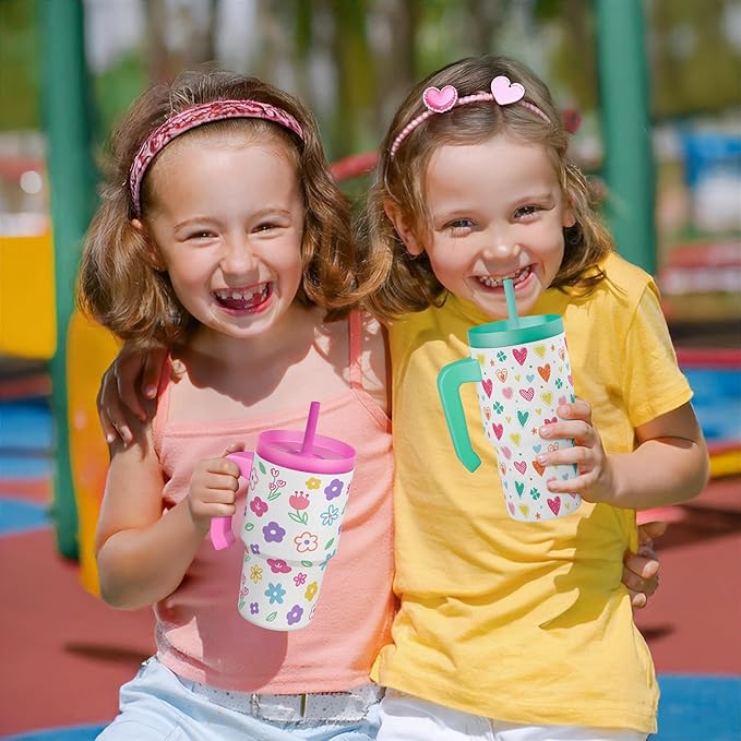 Heart Design Kid 20oz Tumbler with Handle and Silicone Straw Lid, Insulated Stainless Steel Cup, Gift for Kids Girls, Gifts Idea for Birthday Christmas Back to School