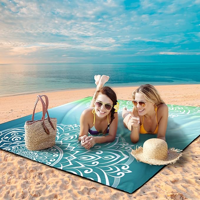 Beach Blanket Waterproof Sandproof Beach Mat 79" X 83"/10'x9'for 2-8 Adults Quick Drying Outdoor Picnic Mat Beach Accessories for Travel, Camping, Hiking