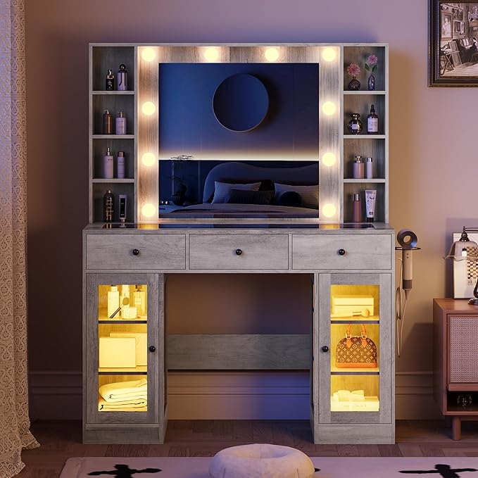 Makeup Vanity with Mirror and Lights, 43'' Wide Dressing Table with Storage Drawers, Open Shelves & Power Outlet, Vanity Desk with RGB Cabinet & Glass Top for Girls Bedroom, Living Room, Grey