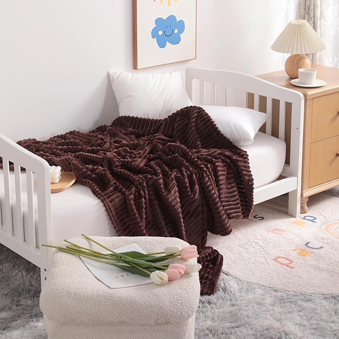 NTBAY Plush Flannel Oversized Baby Blanket, 50X60 Inches Soft and Warm Toddler Blanket with Striped Texture Nursery Bed Blanket for Stroller, Crib, Travel, Baby Gift, 50"x60", Brown