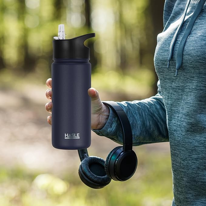 HASLE OUTFITTERS Insulated Water Bottle 16 oz Double Wall Vacuum Stainless Steel Water Bottle Leak Proof for School Wide Mouth with Straw Lid & Spout Lid Keeps Cold and Hot(Navy,8pack)