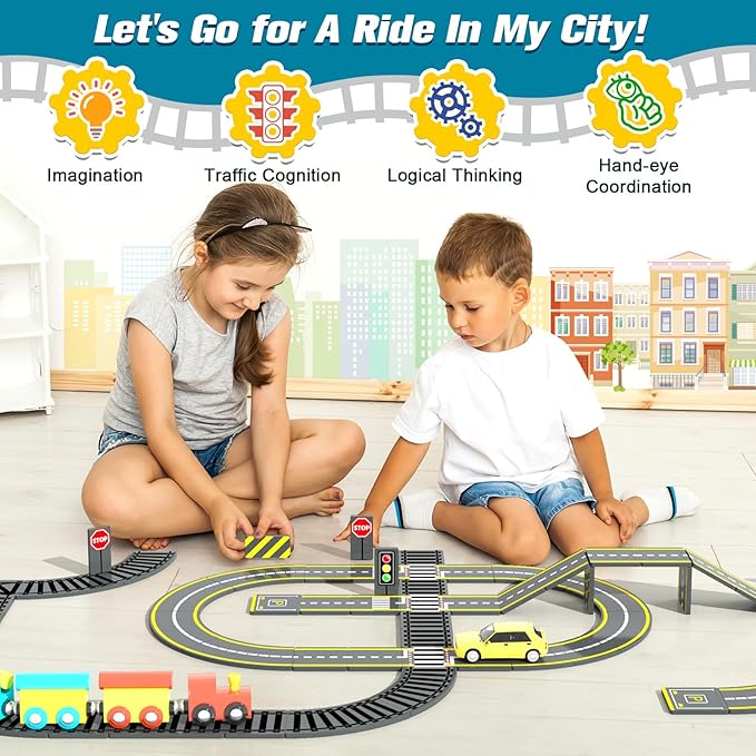 Magnetic Tiles Road & Train Track Expansion Pack Magnetic Building Blocks Construction Kids Toys for Ages 3-12 Boys Girls Building Toys Includes Road Tracks, Traffic Lights, Parking Spot