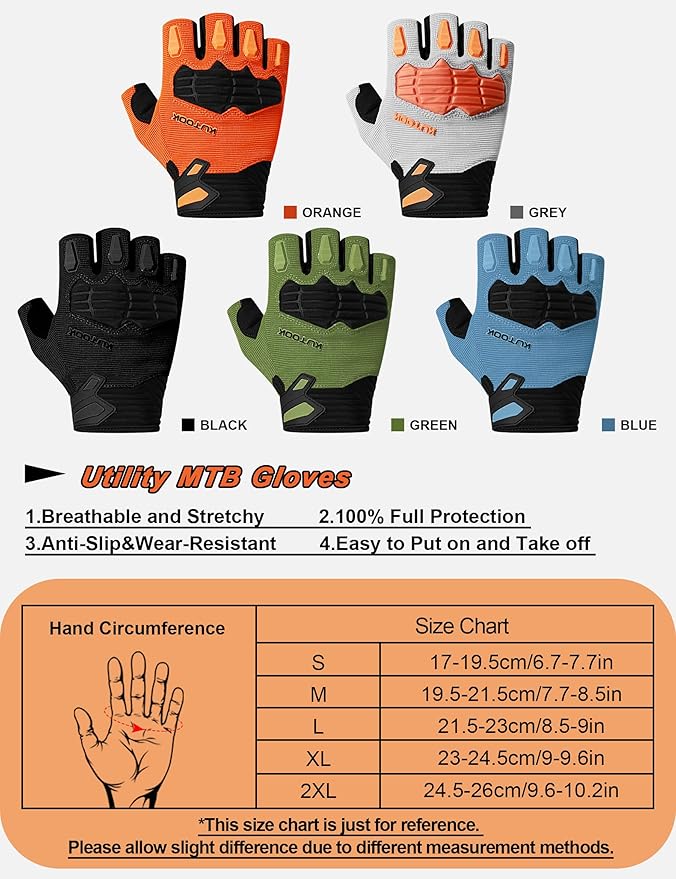 KUTOOK Mountain Bike Gloves for Mmen Fingerless with Wrist Guard Anti-Slip for Dirtbike Riding Fitness Training Outdoor Sports