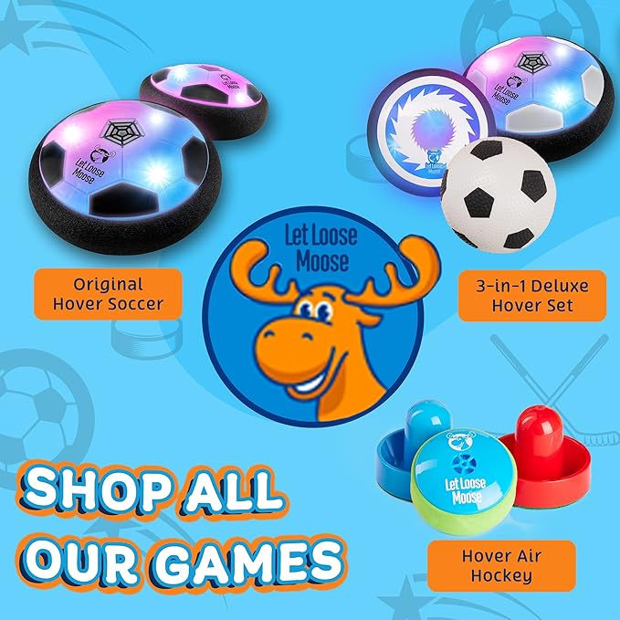 Let Loose Moose Hockey & Hover Soccer Ball Indoor 3-in-1 Set for Kids Aged 4-6, 6-8, 8-12 - Indoor Hockey and Soccer Toys Game Set for Boys and Girls