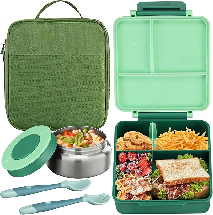 Itslife Bento Lunch Box for Kids with 8oz Soup Thermo&Lunch Bag, Leak-Proof Lunch Food Containers with 4 Compartment, Hot Food Insulated Food Jar for Kids School (Green)