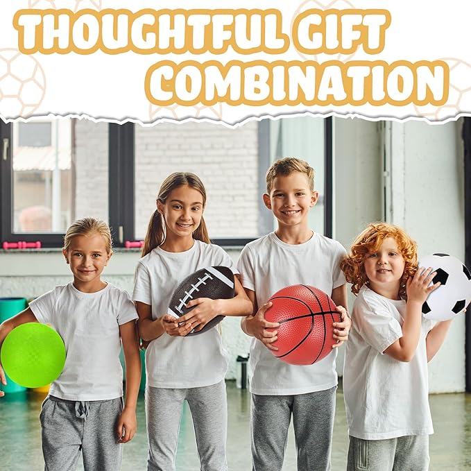 Sports Balls with Pump for Kids 5" Basketball, 5" Soccer, 5" Playground Ball, 6.3" Football for Indoor Outdoor Play Games Gifts