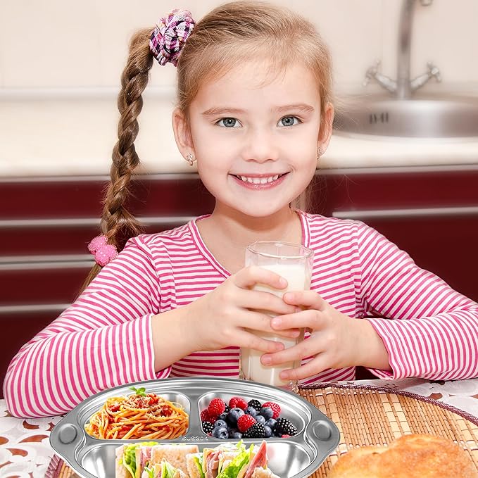 Mrs. Chouยฎ Stainless Steel Kids Plates Suction Plates Divided Baby Plates Toddler Plate, Ideal for Infant Baby-Led Weaning Bowls Non-Toxic Feeding Supplies Dishwasher Safe BPA-Free 100% Food-Grade