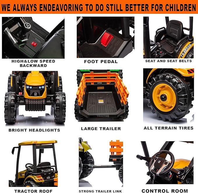 Kidsera 24V Ride on Tractor with Trailer, 4-Gearbox 24volt Dual Motors Metal Frame Battery Powered Electric Tractor Kids Electric Vehicles Power Wheels 24v Ride on Toys for Big Kids (Yellow)