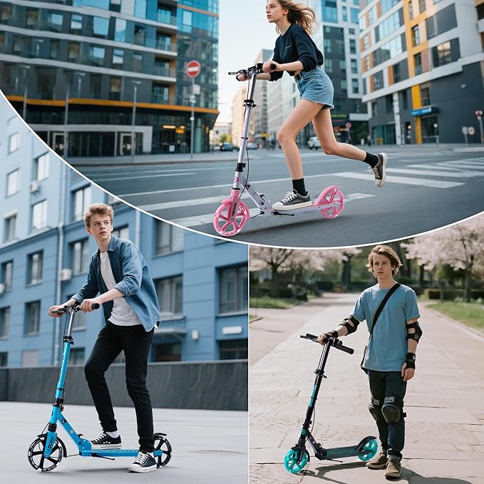 Kick Scooter for Kids Ages 8+ Teens & Adults, with Front handbrake and Rear Brake, and Adjustable Handlebars, Big Sturdy PU Flash Wheels Great Gift & Toy