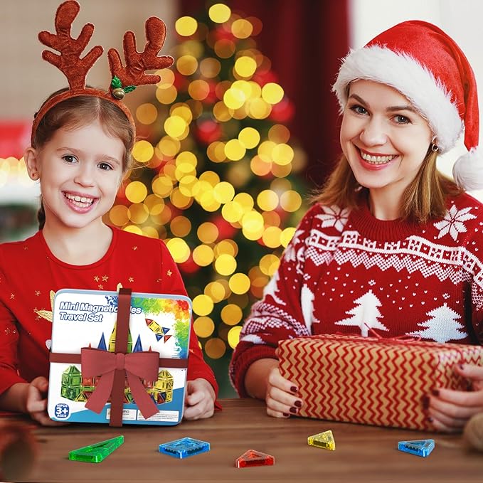60pcs Mini Magnetic Tiles for Kids Ages 3-8,Travel Magnetic Building Blocks with Metal Storage Box, STEM Educational Toys, Montessori Sensory Learning Toys for Toddlers, Boys & Girls Christmas Gift