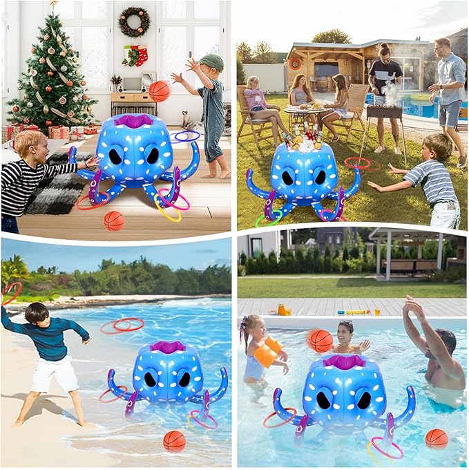 Octopus Pool Toys for Kids Ages 4-8, 2-in-1 Inflatable Pool Floats Basketball Hoop & Ring Toss Water Games for Indoor & Outdoor Pool, Beach, Backyard- Best Summer Gift for Boys Girls