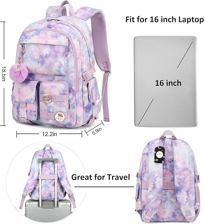 Hidds Laptop Backpacks 16 Inch School Bag College Backpack Anti Theft Travel Casual Daypack Bags Cute Bookbags Large Colorfull Carry on Back Pack for Teens Girls Women Students (Tie-Dye Purple)