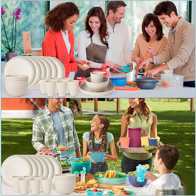 18pcs Wheat Straw Dinnerware Sets, Unbreakable dish Set Reusable Plates, Bowls, and Cups Set dishes Dishwasher Microwave Safe for Kitchen Outdoor Travel Camping (Beige)