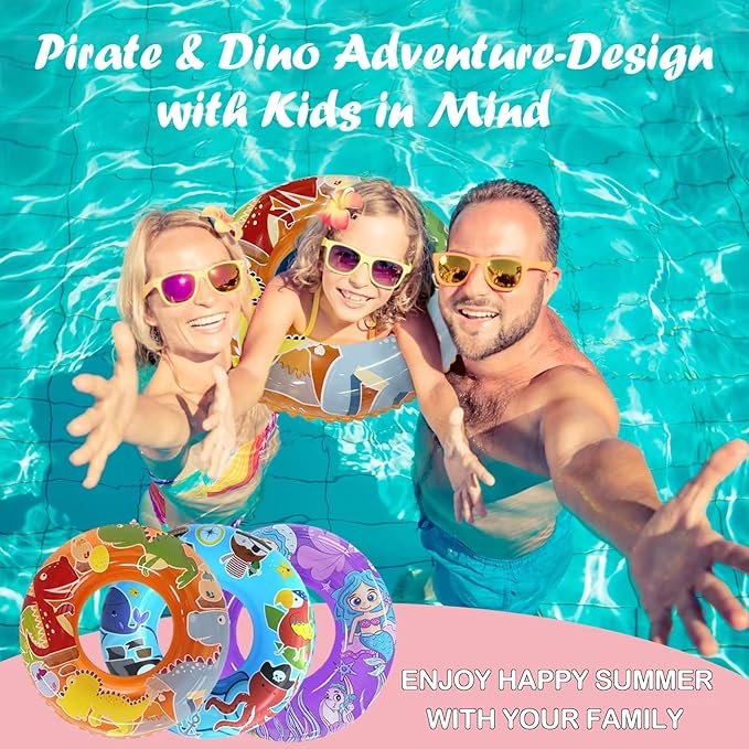 3-Pack Kids Pool Floats with Dinosaur/Pirate/Mermaid Design – Pool Toys for Toddler, 27.5“ Inflatable Swim Rings, Inner Tube for Floating Age 3-8,Premium Floaties & Water Toys for Summer Beach Party