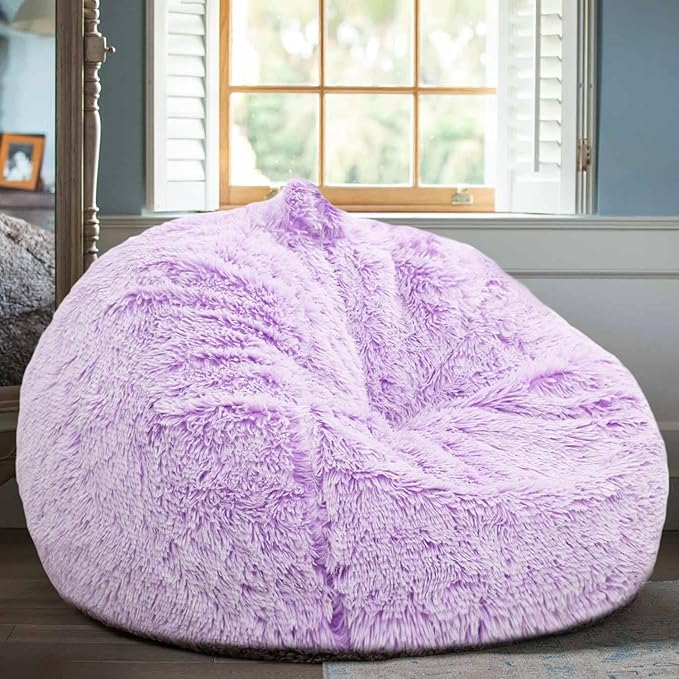 Fluffy Bean Bag Chair, 3FT Round Memory Foam Filled Bean Bag for Teens & Kids, Ultra Soft Faux Fur Fabric Bean Bag Chairs for Playroom, Living Room, Bedroom, Lavender