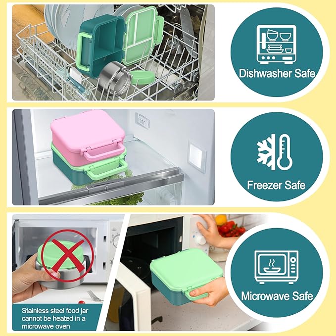 Bento Lunch Box for Kids with 9oz Thermo, Leak-proof Lunch Containers with 3 Compartments,Kids-friendly Size,Durable/Dishwasher Safe Lunch Box for School Outdoors-Green