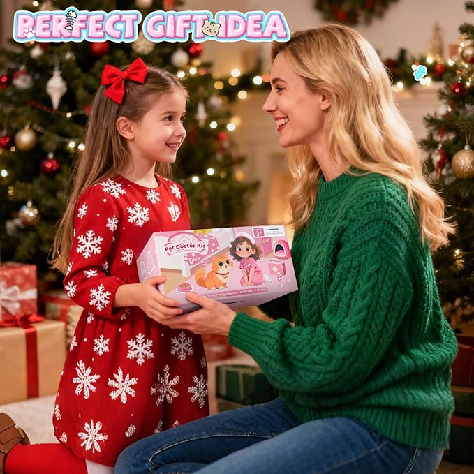 Doctor Kit for Girls, 27 Pcs Veterinarian Playset with Walking Cat Toy, Carrying Bag, Stethoscope & Dress Up Costume, Pretend Play Gift for Kids Toddlers Ages 3 4 5 6 Year Old