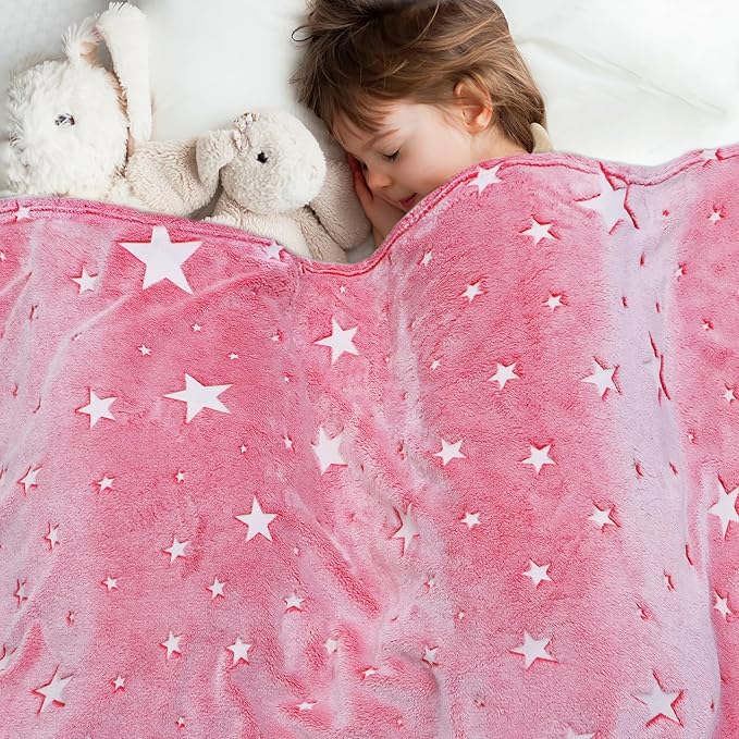 Preppy Blanket Glow in The Dark Blanket Girls Pink Star Blankets Fleece Blankets Birthday Gifts for Kids Soft Throw All Seasons