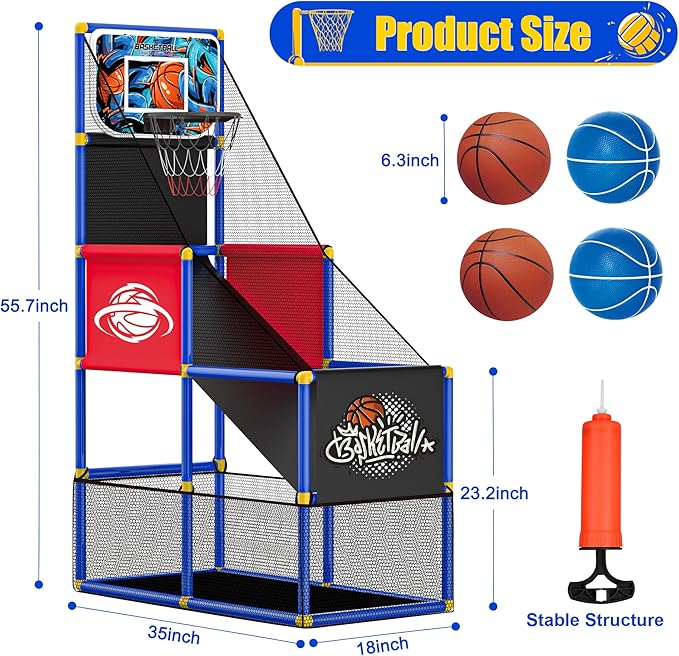 Adjustable Basketball Hoop for Kids Toddler Ages 3-8, Side-Mount & Top-Mount, Indoor Outdoor Carnival Games Competitions, Gift Boys & Girls Beg for, Rain or Shine, The Game Never Stops
