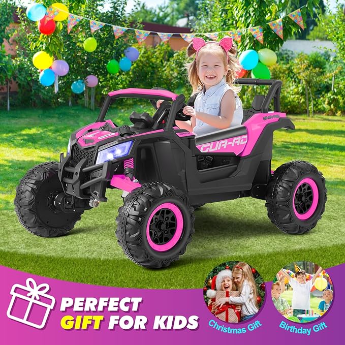 JOYLDIAS 4WD Ride On Car, 12V Battery Powered Electric Off-Road UTV for Kids, 4X4 Electric Vehicle W/4 Powerful Engines, 2.4G Remote Control, Music, Bluetooth, LED Lights for Boys and Girls, Pink