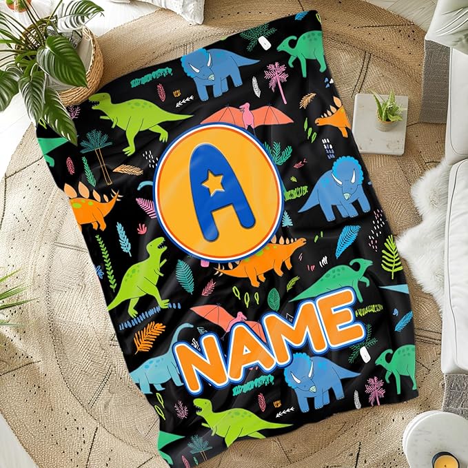 Blankets for Boys Personalized Monogram Throws Gifts, Custom Name Soft Cozy Cute Dinosaur Blanket for Kids Toddlers Teens Accessories Decor for Sofa Couch Bedroom Living Room Home