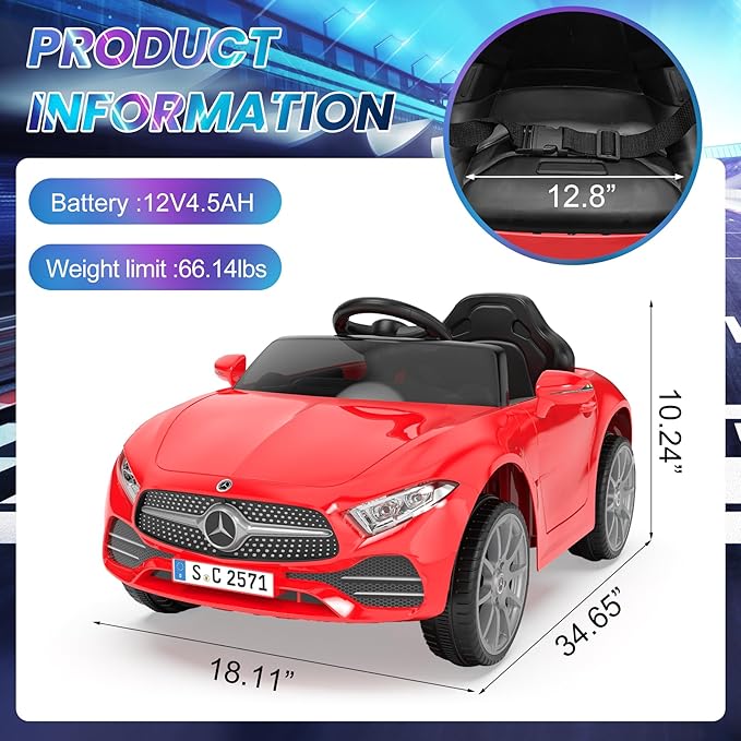 12V Kids Ride On Car with 2.4G Remote Control,Battery Powered Electric Car Ride On Vehicle Double Doors, 5 Point Safety Belt,LED Light (SC-Red)