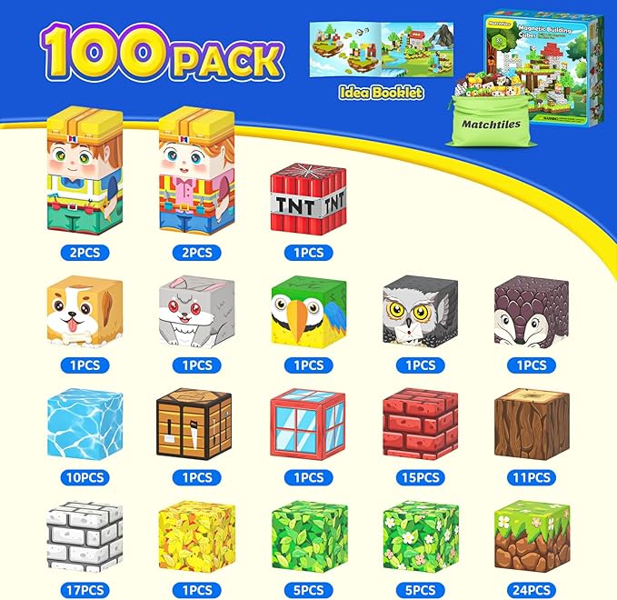 100PCS Magnetic Blocks with Forest Animals Toys, Build Magnet World Set, Magnetic Tiles Building for Boys & Girls Age 4-8 5-7, STEM Montessori Sensory Toys for Toddlers Kids Gifts for 3+ Years Old