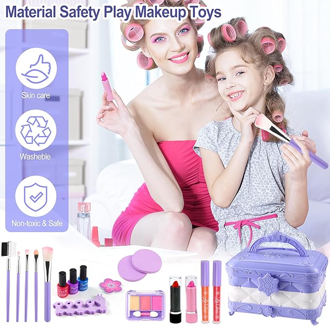 59 in 1 Kids Makeup Kit, with 3-Color Led Makeup Mirror Real Washable Kid Makeup Set for Girls, Perfect Girl Birthday Gift, Age 3+
