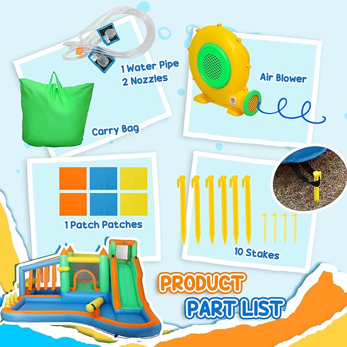 Qaba Inflatable Water Slide with Large Splash Pool, 8 in 1 Bouncy House Water Park with 680W High Power Blower, Ball Pit, Water Cannon, Climbing Wall, Toss Ring, Basketball Hoop