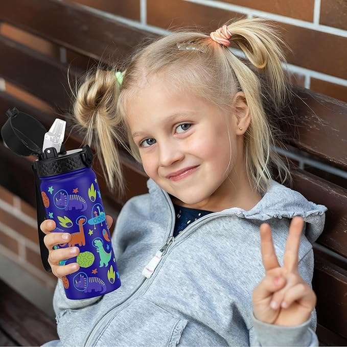 GOPPUS Kids Water Bottle (Straw Lid)-18oz Vacuum Insulated Stainless Steel, Reusable Tumbler for School, Boys, Girls,Blue Space Dinosaur