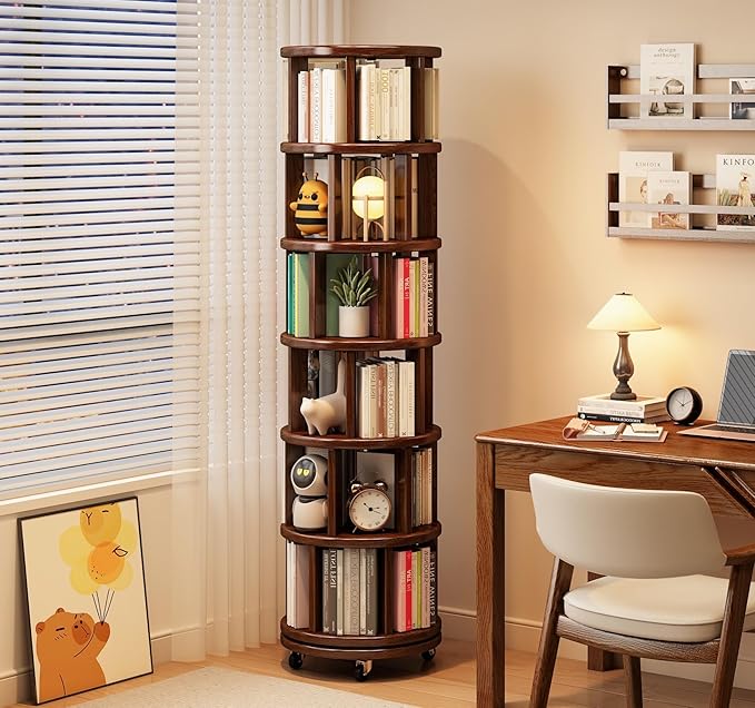 6 Tier Rotating Bookshelf 360° Solid Wood Spinning Book Shelf Tower on Wheels Rolling Revolving Bookcase for Small Spaces, Corner, Bedroom, Kids Room, Office — Walnut