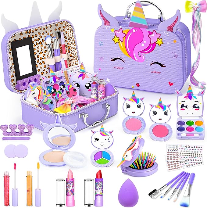 Little Girls Makeup Kit, Pretend Make Up for Kids, Princess Play Makeup Set, Toddler Toy Real Washable Cosmetic Set & Nail Kit Birthday Gift for Ages 3 4 5 6 7 8 9 10-12 Year Old, Light Purple