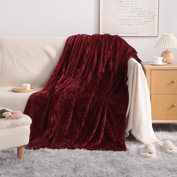 NTBAY Plush Flannel Twin Bed Blanket, 60x80 Inches Soft and Warm Lightweight Bed Blanket with Striped Texture for Couch, Sofa, All Seasons, Wine Red