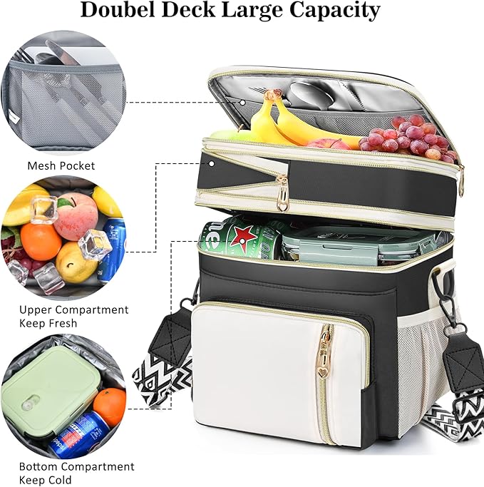 LOKASS Lunch Bag& Lunch Box for Men Women Double Deck,Large Insulated Adult Lunch Box Leakproof Lunchbox Cooler Bag for Work Picnic Beach,(Black&White)