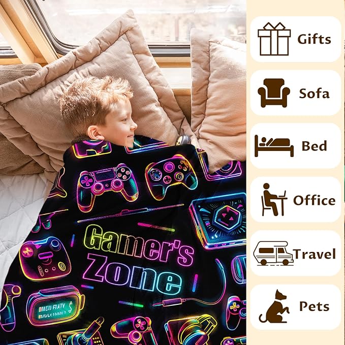 Gamer Throw Blanket for Boys - 80x60 Inches Twin Size Blankets for Adults, Men - Funny Throws Gifts for Boyfriend, Dad - Soft Lightweight Game Accessories for Home, Bedroom, Living Room Decor