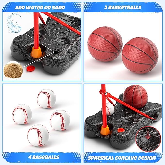 HopeRock 2 in 1 Kids Basketball Hoop and T Ball Set, Adjustable Basket Ball Stand,Hanging Tee Baseball for Toddlers Boys Girls Ages 2 3 4 5 6 7 8 Years Old, Outdoor Toys Gifts