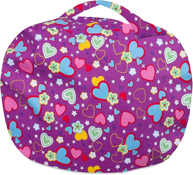 Posh Creations Stuffable Kids Stuffed Animal Storage Bean Bag Chair Cover - Childrens Toy Organizer, Large-38 - Canvas Multi-Colored Hearts on Purple